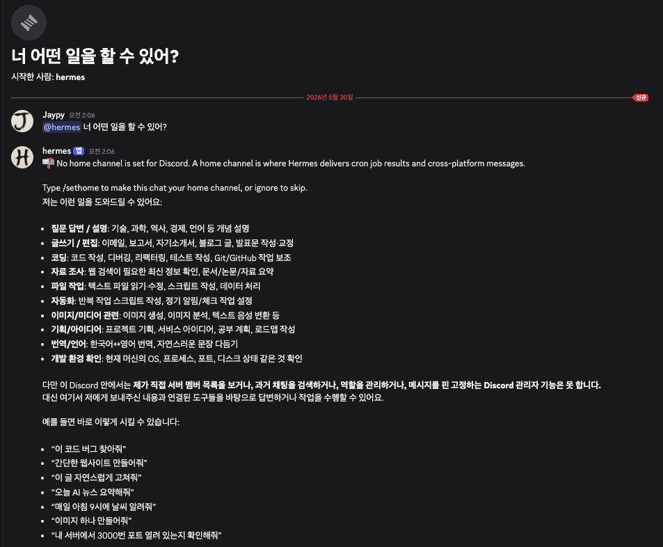 Discord에서 Hermes와 처음 나눈 대화 — "너 어떤 일을 할 수 있어?"에 자기 능력을 줄줄이 답하는 봇